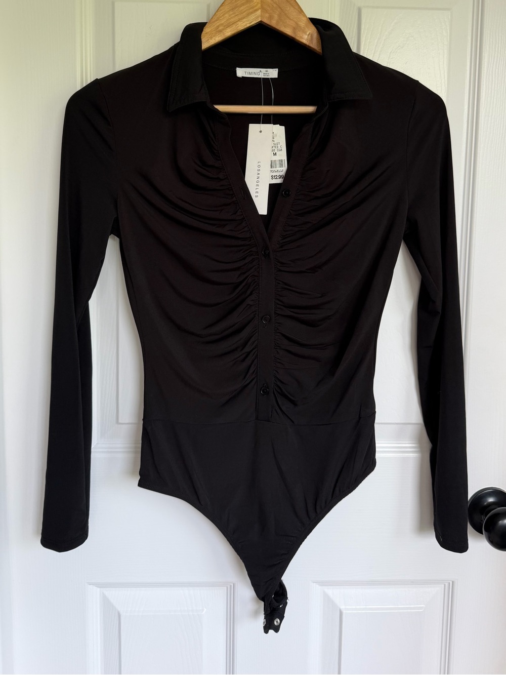 Timing Black Ruched Button-Front Blouse